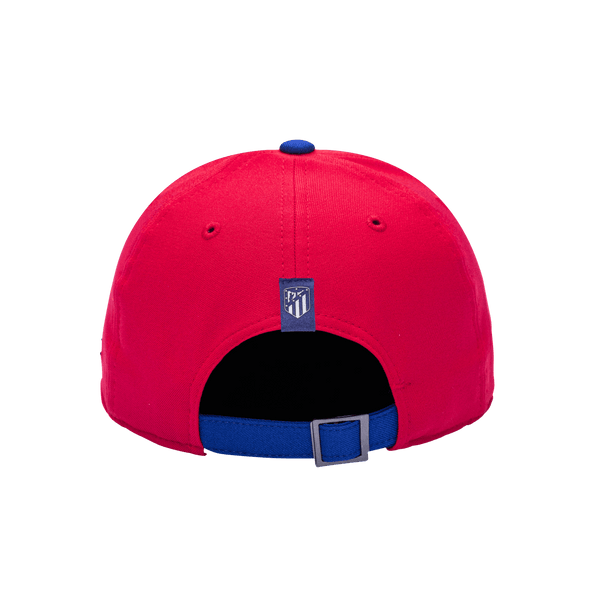 Back view of the Atletico Madrid Core Adjustable hat with mid constructured crown, cruved peak brim, and slider buckle closure, in Red/Blue.