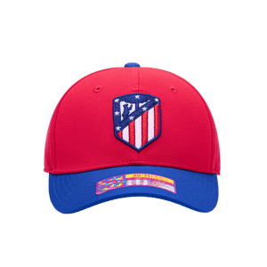 Front view of the Atletico Madrid Core Adjustable hat with mid constructured crown, cruved peak brim, and slider buckle closure, in Red/Blue.