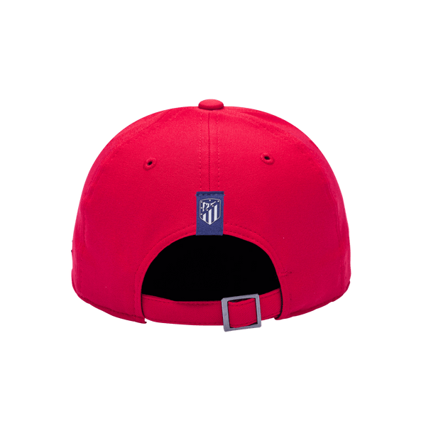 Back view of the Atletico Madrid Standard Adjustable hat with mid constructured crown, curved peak brim, and slider buckle closure, in Red.