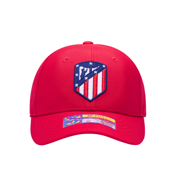 Front view of the Atletico Madrid Standard Adjustable hat with mid constructured crown, curved peak brim, and slider buckle closure, in Red.