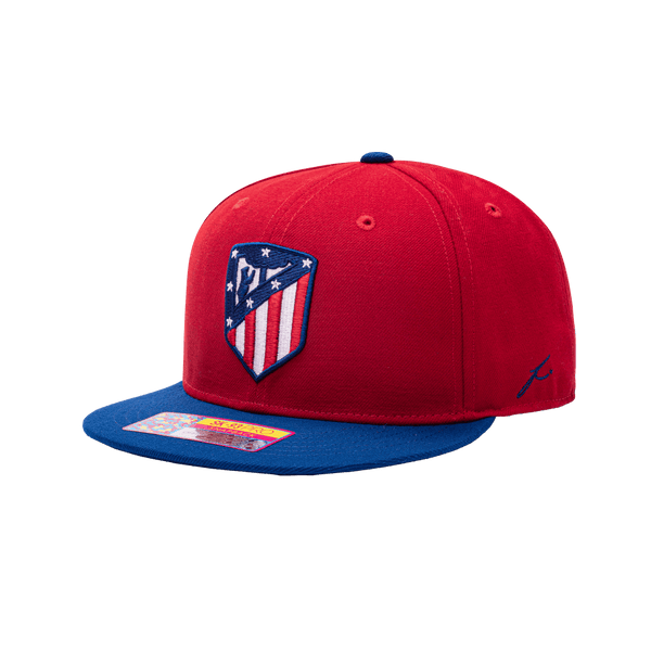 View of Left side of Atletico Madrid Team Snapback Hat with Fi Signature stitching on the side in blue
