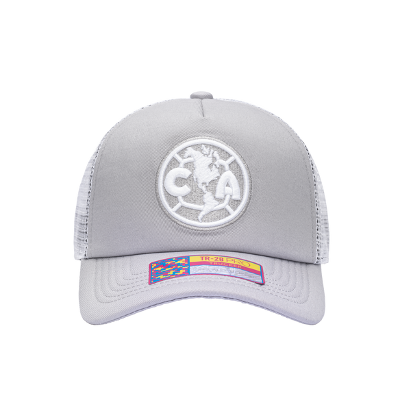 Front view of the Club America Fog Trucker Hat in Grey/White, with high crown, curved peak, mesh back and snapback closure.