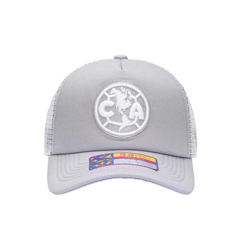 Front view of the Club America Fog Trucker Hat in Grey/White, with high crown, curved peak, mesh back and snapback closure.