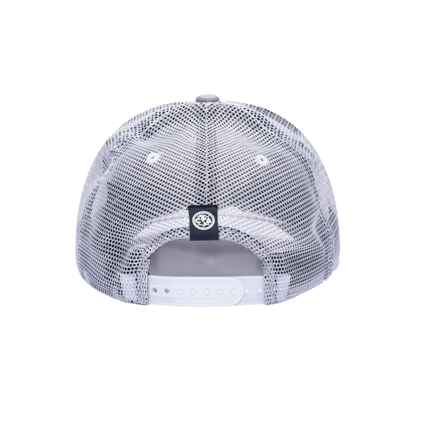 Back view of the Club America Fog Trucker Hat in Grey/White, with high crown, curved peak, mesh back and snapback closure.