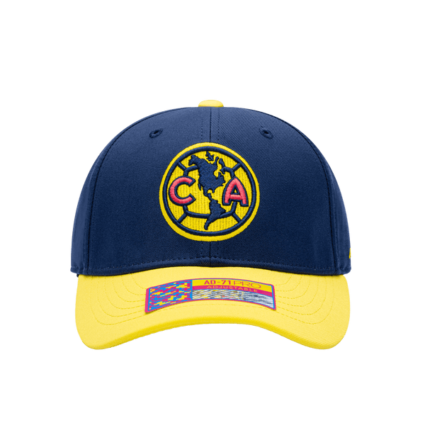 Front view of the Borussia Dortmund Core Adjustable hat with mid constructured crown, cruved peak brim, and slider buckle closure, in Black/Yellow.