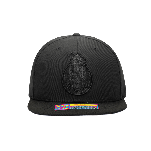 Front view of the FC Porto Dusk Snapback Hat in Black with high crown and flat peak.