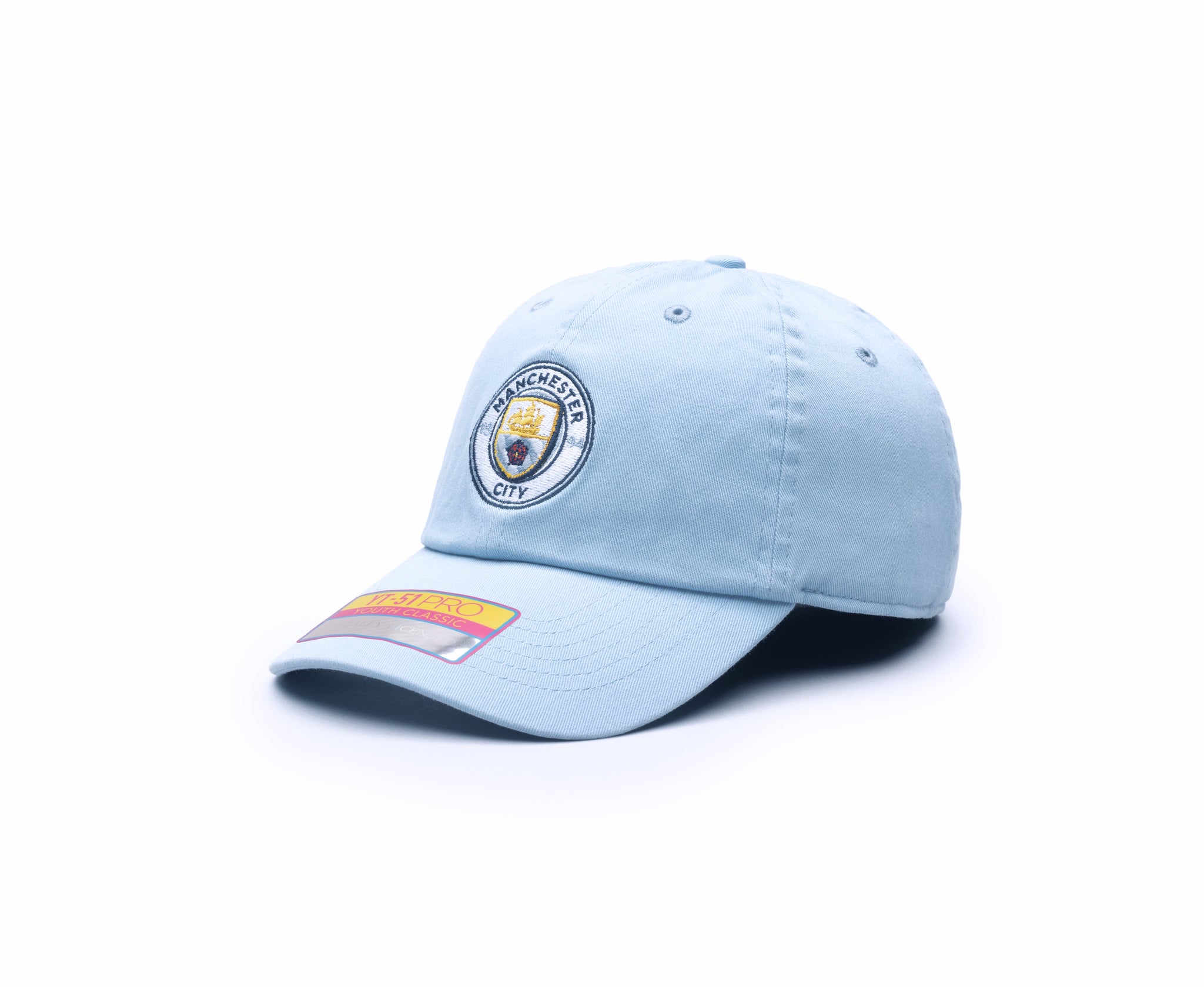 Manchester City Bamo Kids Classic hat with low, unconstructed crown, curved peak, and flip buckle closure, in Light Blue