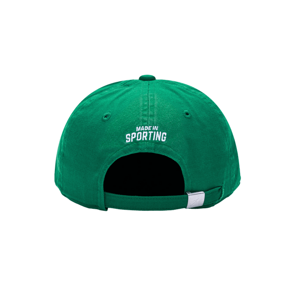 Back view of the Sporting Clube de Portugal Bambo Classic hat with low unstructured crown, curved peak brim, and buckle closure, in green.